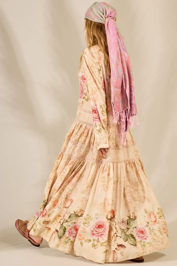Long Beige Printed Long Sleeve Dress Retro Collection Yacamim E15