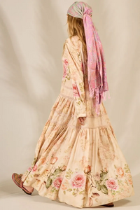 Long Beige Printed Long Sleeve Dress Retro Collection Yacamim E15