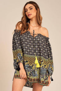 Yacamim Gray and Yellow Printed Long-Sleeved Peasant Blouse