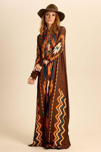 Long Brown Printed Yacamim Dress with Fitted Long Sleeves C18