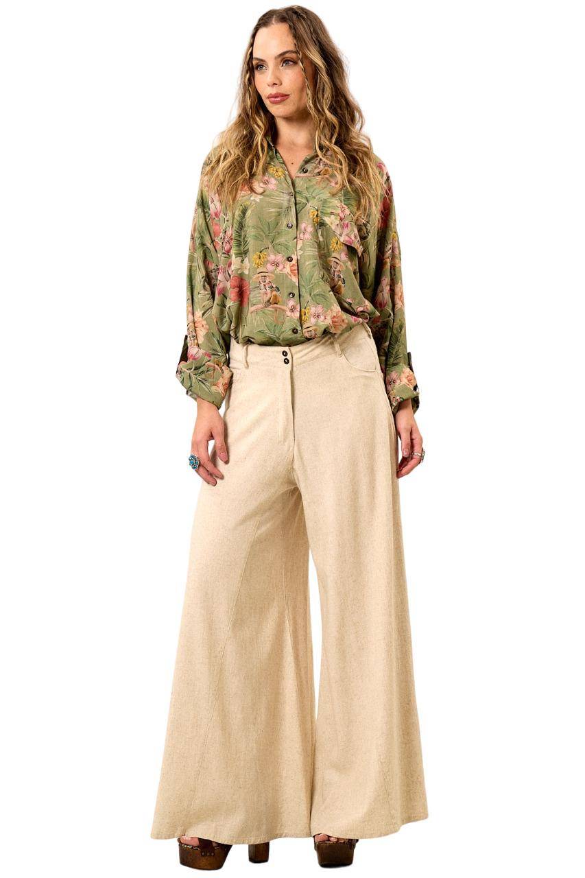 Yacamim G5 Beige Viscose Linen Palazzo Pants