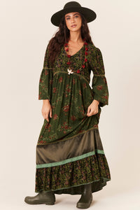Vestido Longo Verde Escuro Patchwork Yacamim C20
