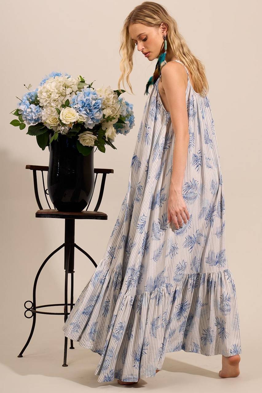 Yacamim E22 Gray Striped Long Dress with Adjustable Straps
