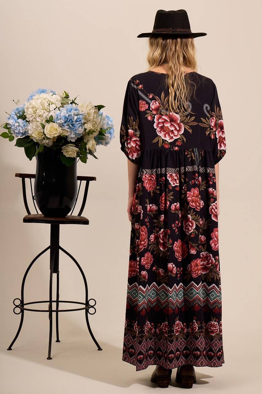 Yacamim Black Printed 3/4 Sleeve Long Dress