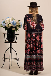 Yacamim Black Printed 3/4 Sleeve Long Dress