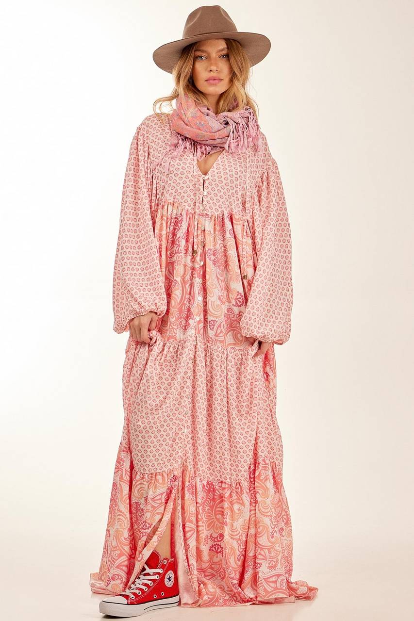 Pink Light Patchwork V-Neck Long Chemise Dress Yacamim