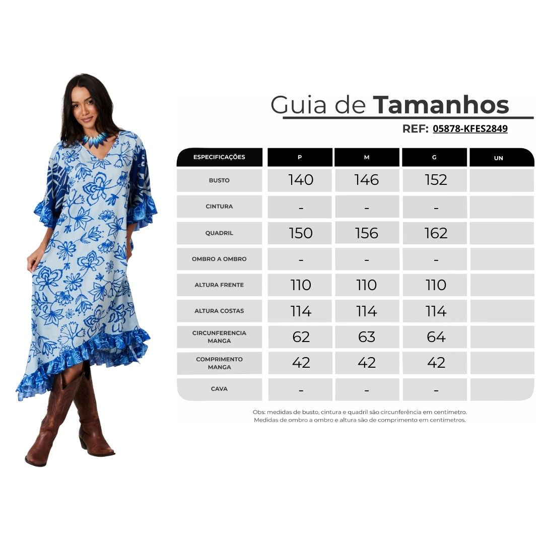 Yacamim J4 Printed Blue V-Neck Loose Kaftan