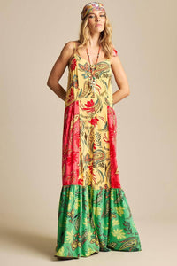 Long Dress Adjustable Straps Yellow and Pink Patchwork Yacamim C2
