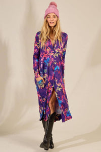 Yacamim Printed Purple Midi Dress with Fitted Long Sleeves