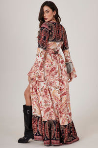 Long Wrap Dress Beige and Black Cashmere Patchwork Yacamim C17