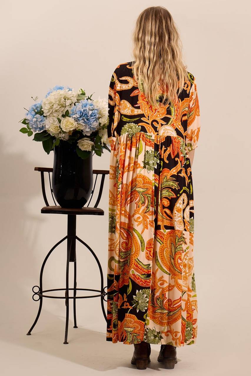 Yacamim Patchwork Print Orange 3/4 Sleeve Midi Dress