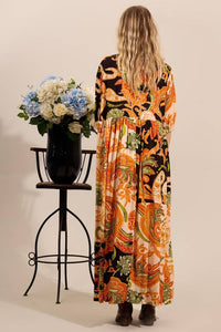 Yacamim Patchwork Print Orange 3/4 Sleeve Midi Dress