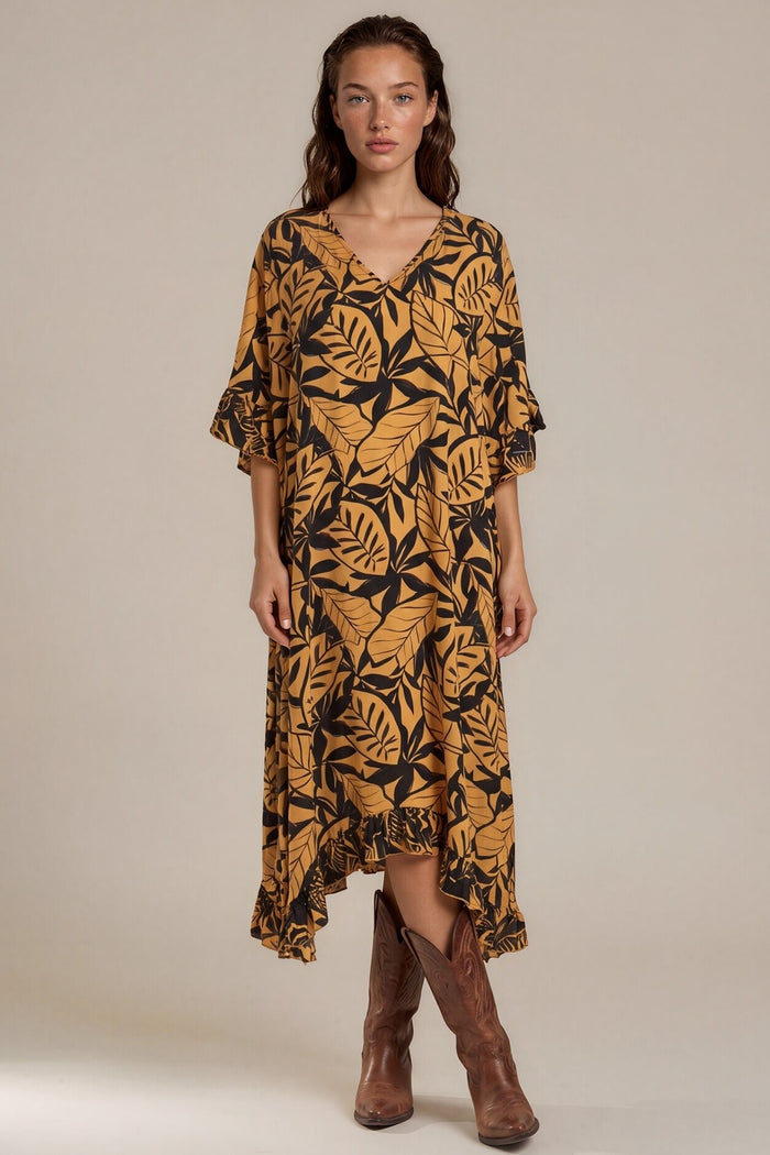 Kaftan Midi Com Pontas Laterais Marrom Claro Estampado Yacamim J10