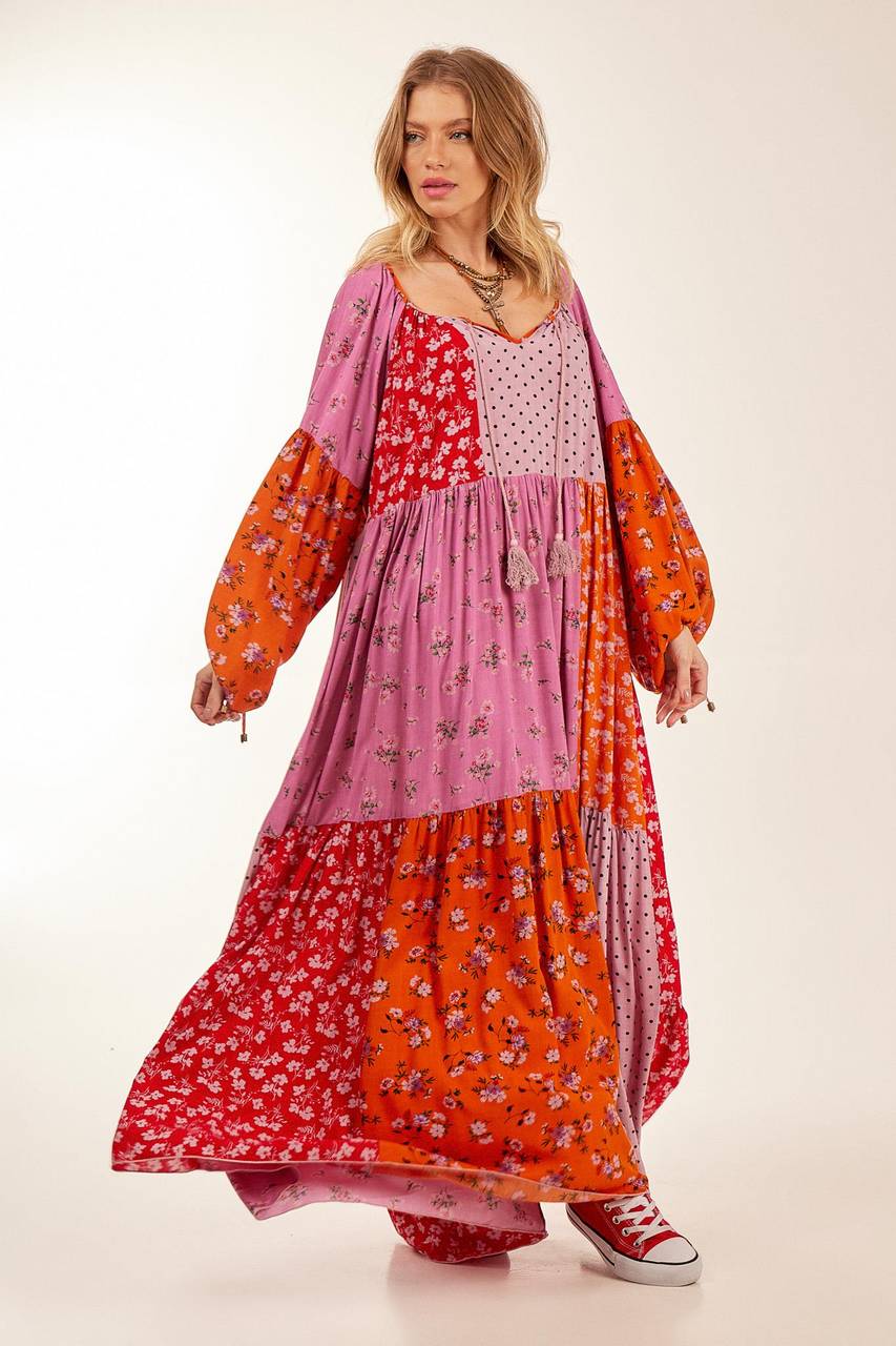Yacamim Pink Patchwork Wide Long Dress with Puffed Long Sleeves<br />
<p>
</p>