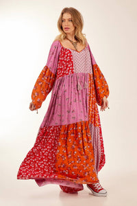 Yacamim Pink Patchwork Wide Long Dress with Puffed Long Sleeves<br />
<p>
</p>