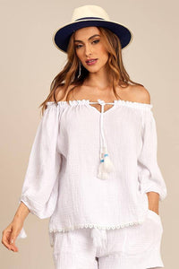 Gypsy Blouse with 3/8 Puffy Sleeves White Yacamim b3