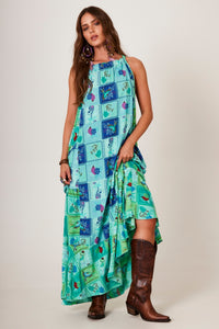 Yacamim D13 Green Patchwork Geometric Print Flowy Long Dress