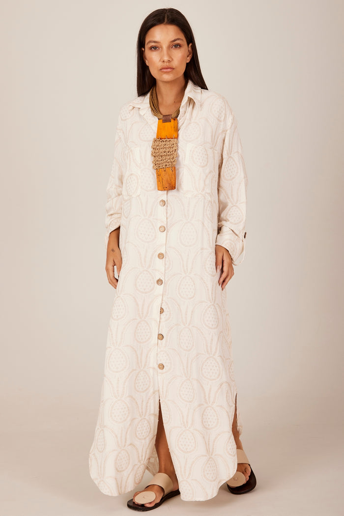 Yacamim N9 Beige Printed Loose Linen Long Shirt