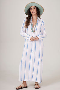 Chemise Midi Listrada Branca Com Azul Estampado Yacamim M7