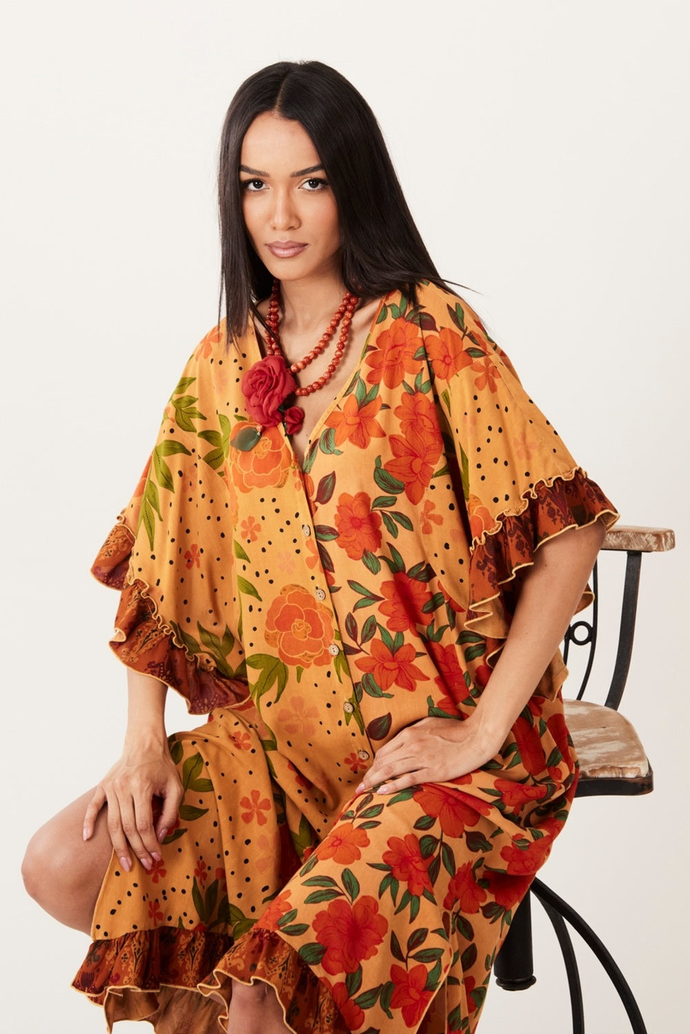 Kaftan Midi Com Mangas 3/4 Marrom Claro Patchwork Yacamim J4