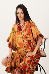 Kaftan Midi Com Mangas 3/4 Marrom Claro Patchwork Yacamim J4