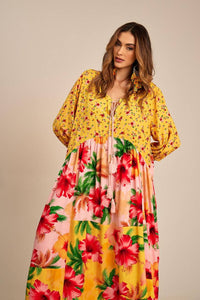 Yacamim Yellow Floral Patchwork Midi Dress