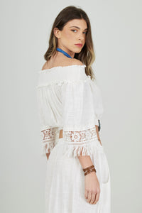 Yacamim Women's White Cotton Gypsy Cropped Blouse - Bahêa Collection Q8
