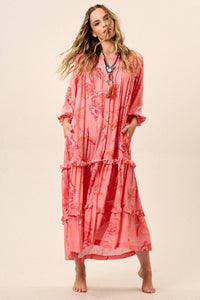 Yacamim E15 Pink Printed Long Sleeve Midi Shirt Dress