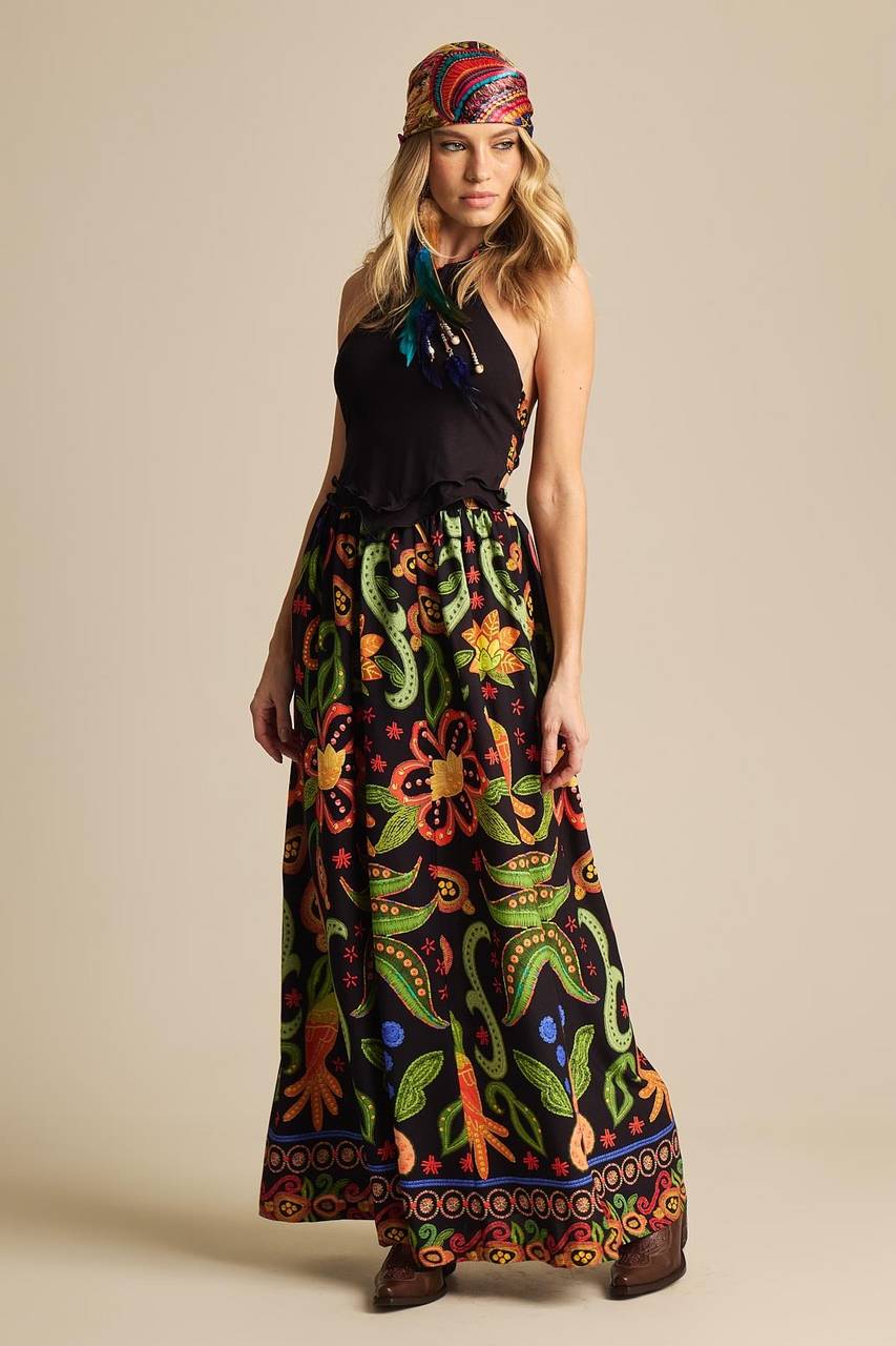 Long Skirt with Elastic Waist Black Printed Yacamim A25