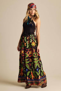 Long Skirt with Elastic Waist Black Printed Yacamim A25