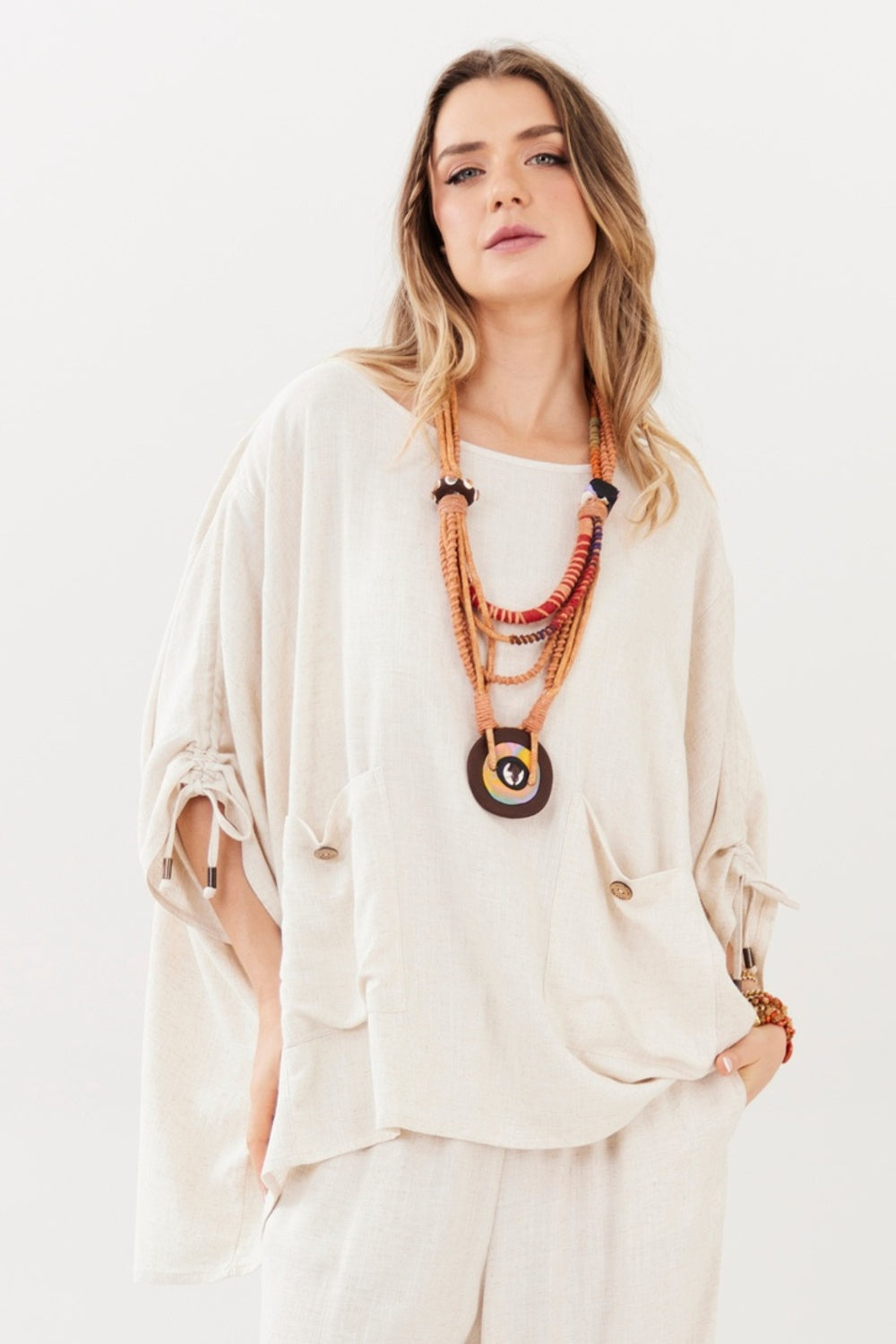 Yacamim A20 Beige Viscose Linen Wide Tunic