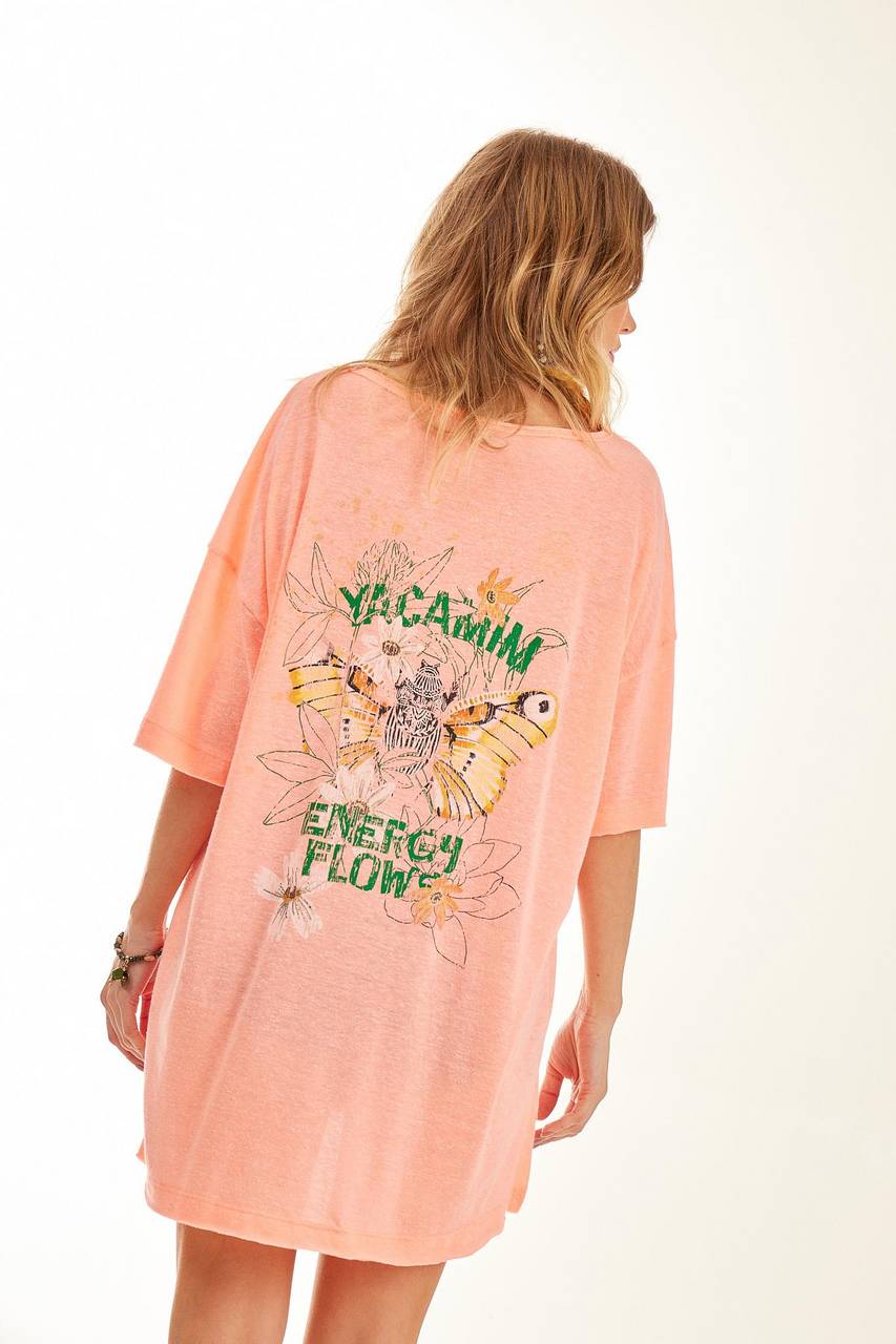 Yacamim Neon Pink Printed Loose Basic T-Shirt