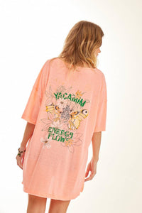 Yacamim Neon Pink Printed Loose Basic T-Shirt