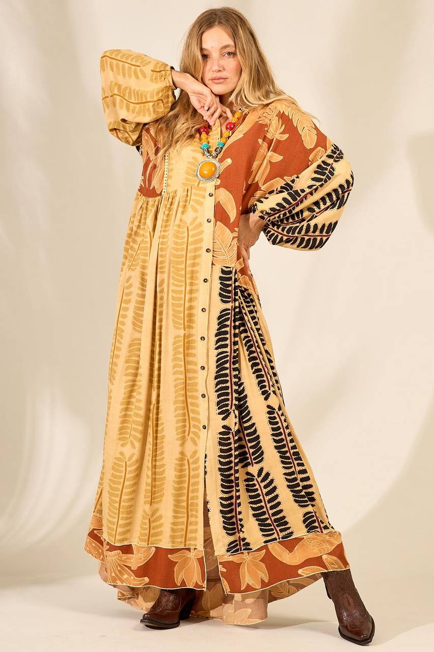 Light Brown Long Chemise Dress with Patchwork Print Yacamim