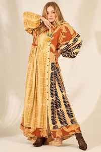 Light Brown Long Chemise Dress with Patchwork Print Yacamim