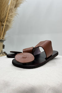Light Brown Wide Strap Leather Flat Sandal Yacamim #125