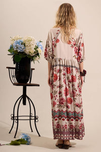 Long Printed Beige Yacamim Dress with Pom-Pom Drawstring