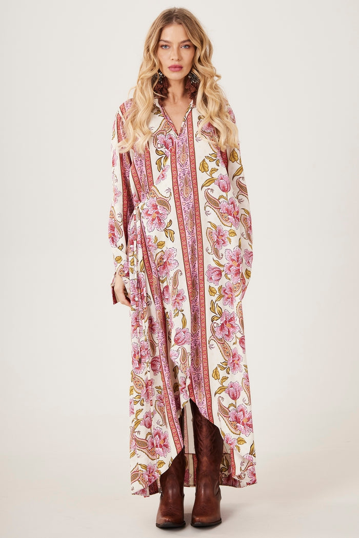 Yacamim Pink Paisley Print Wrap Long Shirt M3