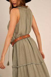Yacamim Faded Green Ruffled Sleeveless Maxi Dress