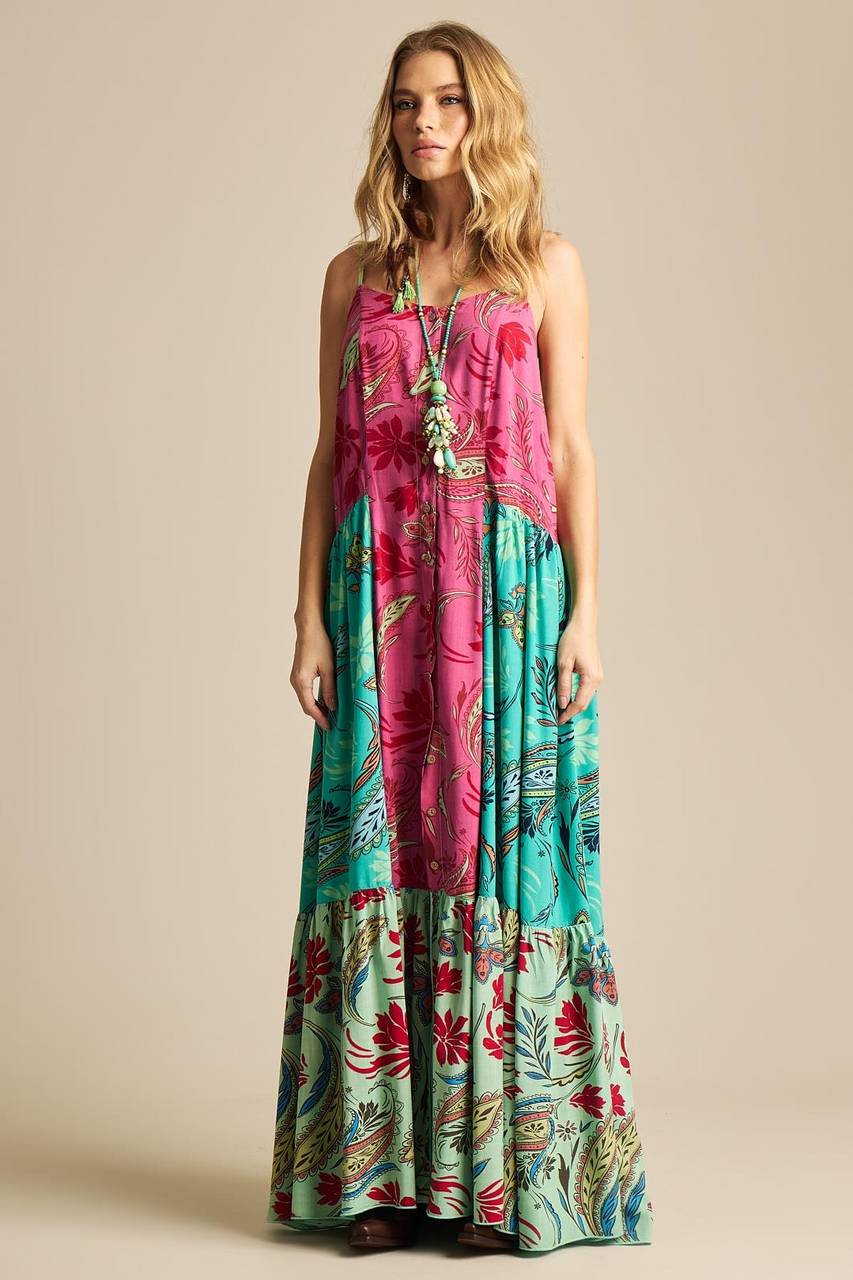 Yacamim D20 Pink and Green Patchwork Long Dress with Adjustable Straps