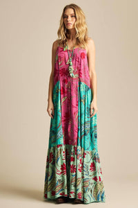 Yacamim D20 Pink and Green Patchwork Long Dress with Adjustable Straps