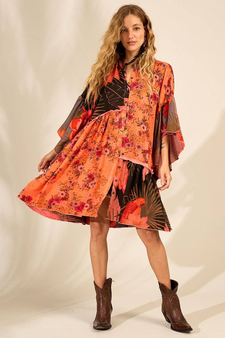 Yacamim Orange Patchwork Asymmetrical Ruffled Short Shirtdress