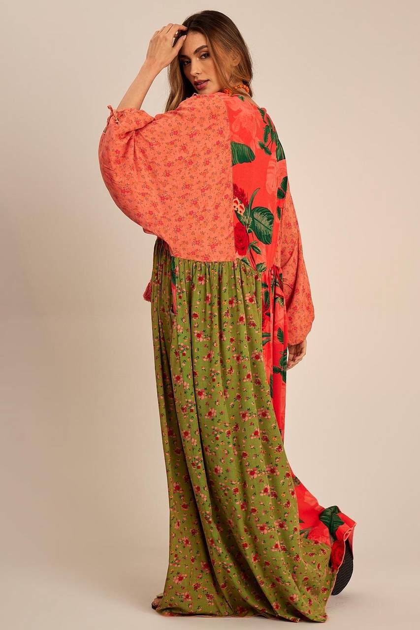 Yacamim Salmon and Red Patchwork Wide Maxi Dress