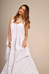 White Yacamim D21 Long Strappy Dress with Ladder Lace and Ruffles