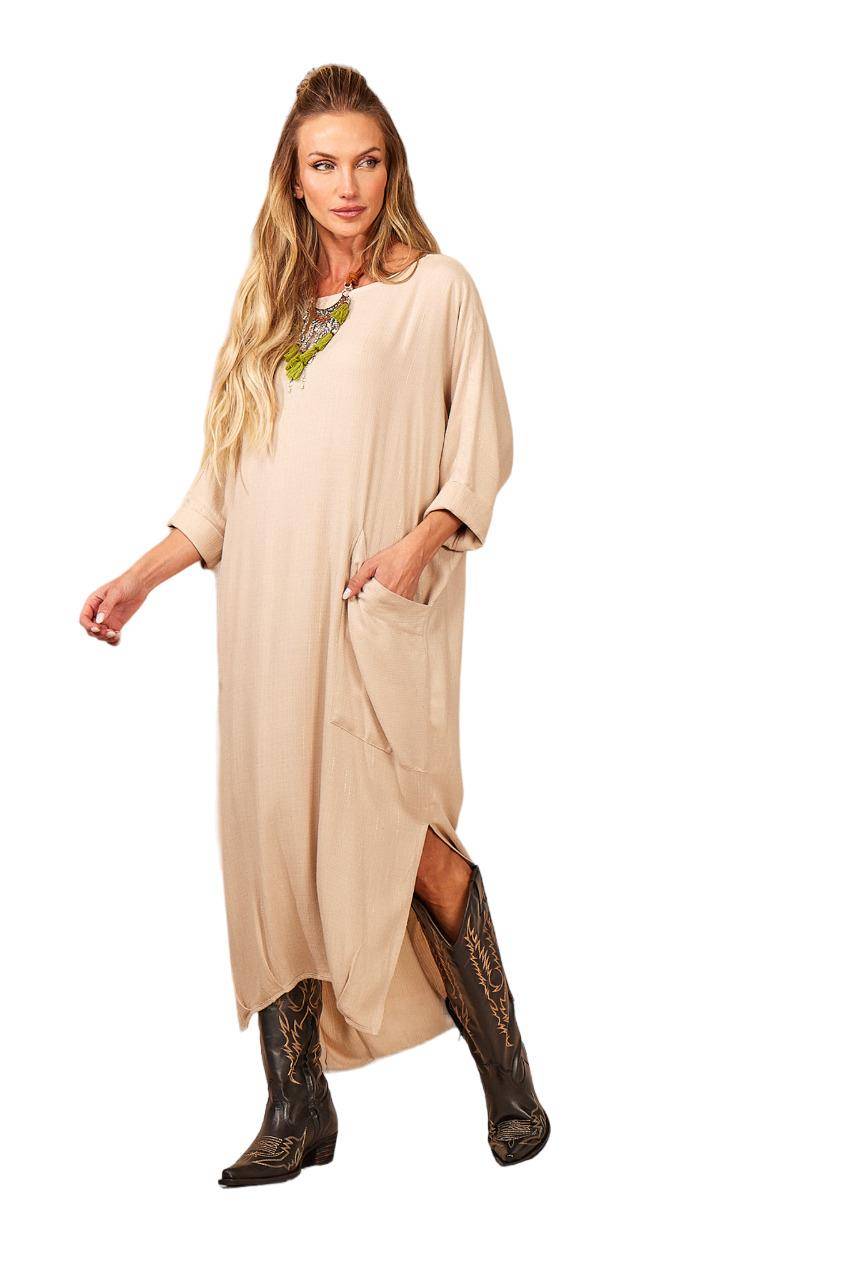 Yacamim Beige Batwing Sleeve Straight Midi Dress