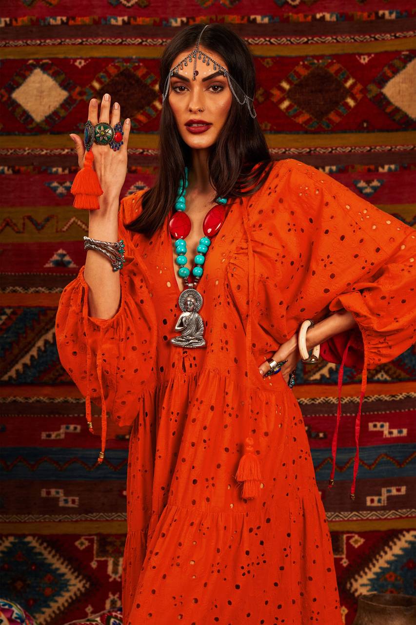 Yacamim Orange Broderie Puffed Sleeve Maxi Dress