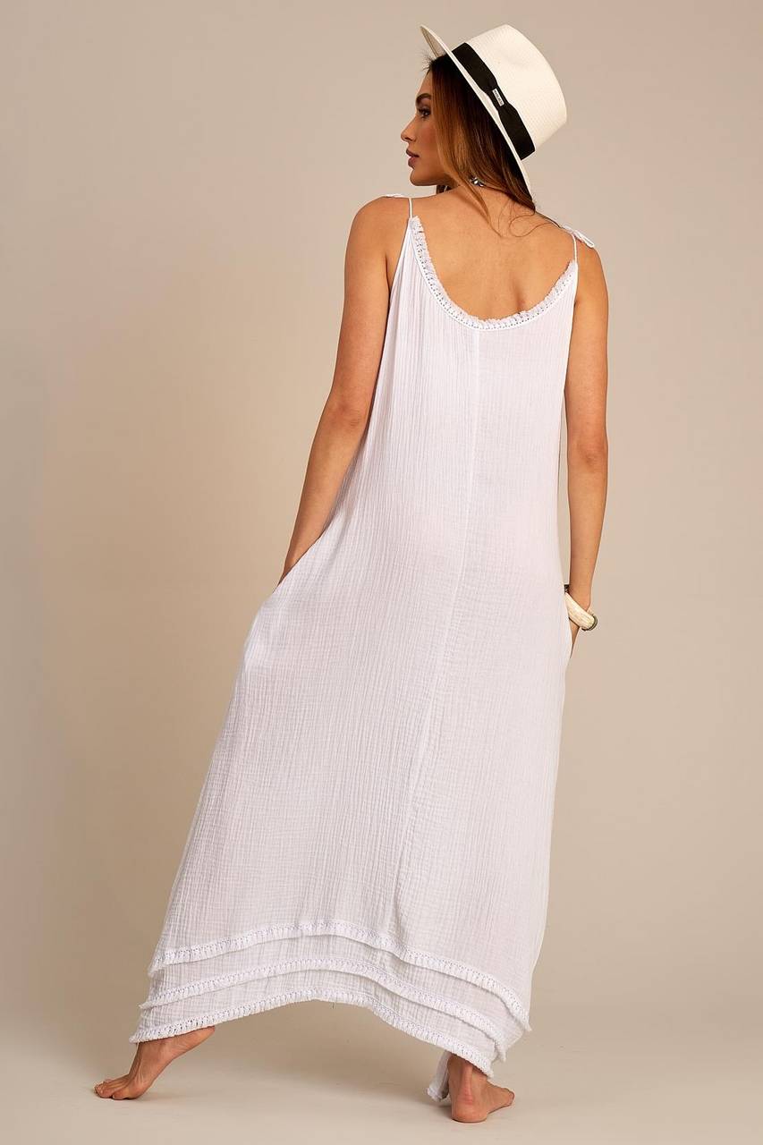 White Yacamim Long Dress with Braided Straps