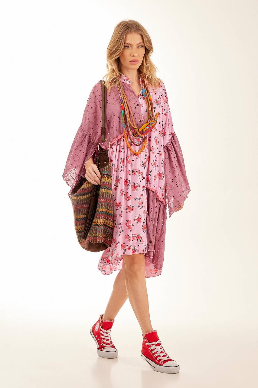 Yacamim Pink Patchwork Short Chemise Dress with Asymmetrical Ruffles