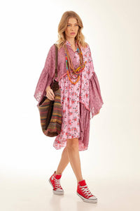 Yacamim Pink Patchwork Short Chemise Dress with Asymmetrical Ruffles