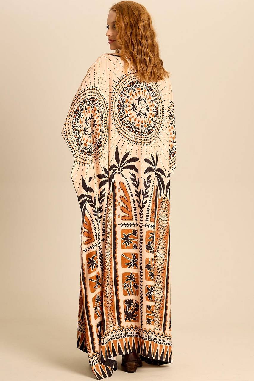 Yacamim J5 Wide Beige Printed Kaftan